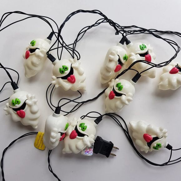 Vtg GHOST Halloween String Lights Plastic Blow Mold Set of 10 Easter Unlimited - Picture 9 of 13